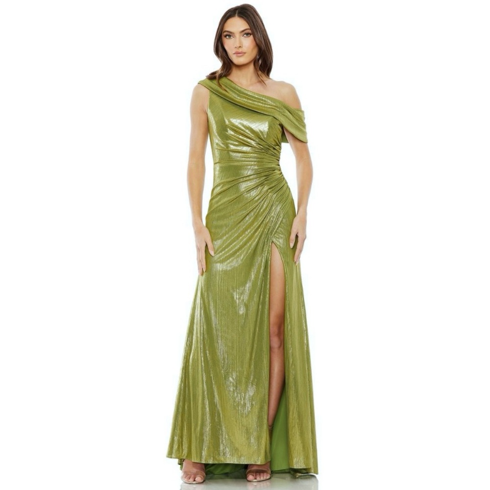 Mac Duggal NWT Metallic Apple Green Off The Shoulder Ruched Waist Slit Gown 10